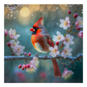 Póster Cardenal macho a la luz de la luna Flores de cerez