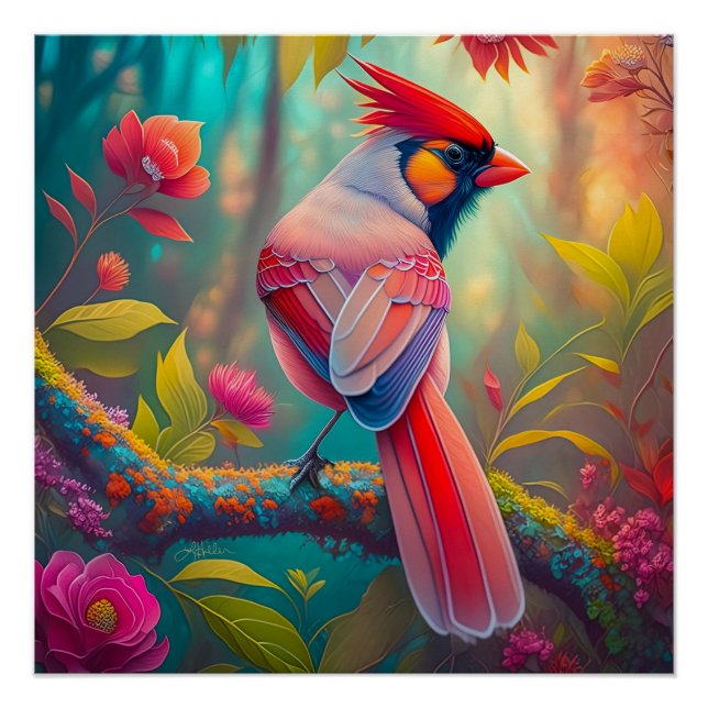 Póster Cardenal Macho de Aves de Fantasía (Anverso)