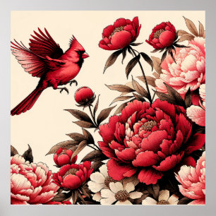 Póster Cardenal rojo del norte: Pájaros Peony Flower