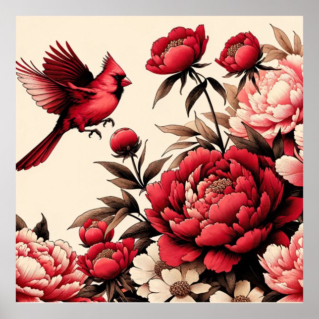 Póster Cardenal rojo del norte: Pájaros Peony Flower (Frente)