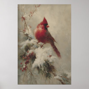 Póster Cardenal Rojo En Rama Nevada, Victoriano Vintage