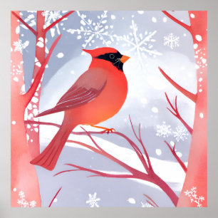 Póster Cardenal Rojo   Hermosa Pintura de Acuarela
