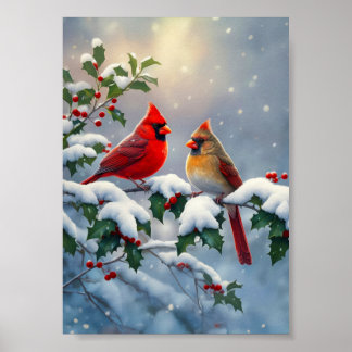 Póster Cardenales rojos y acebo en la nieve