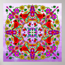 Cardenales y flores de color bonito Mandala