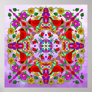 Póster Cardenales y flores de color bonito Mandala