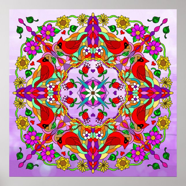 Póster Cardenales y flores de color bonito Mandala (Frente)
