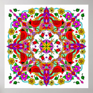 Póster Cardenales y flores de color bonito Mandala