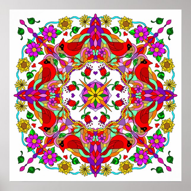 Póster Cardenales y flores de color bonito Mandala (Frente)