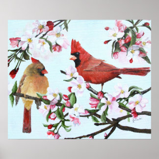 Póster Cardenales y flores de manzana