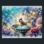 Póster Cardinal at Birdbath Dreamy Garden Ar<br><div class="desc">This whimsical garden illustration captures a peaceful moment in nature—a vibrant cardinal perched in a birdbath, surrounded by blooming flowers, soft watercolor foliage, and glowing specks of light that feel like fireflies drifting through a twilight garden. The gentle ripples in the water and the delicate bird in flight nearby create...</div>