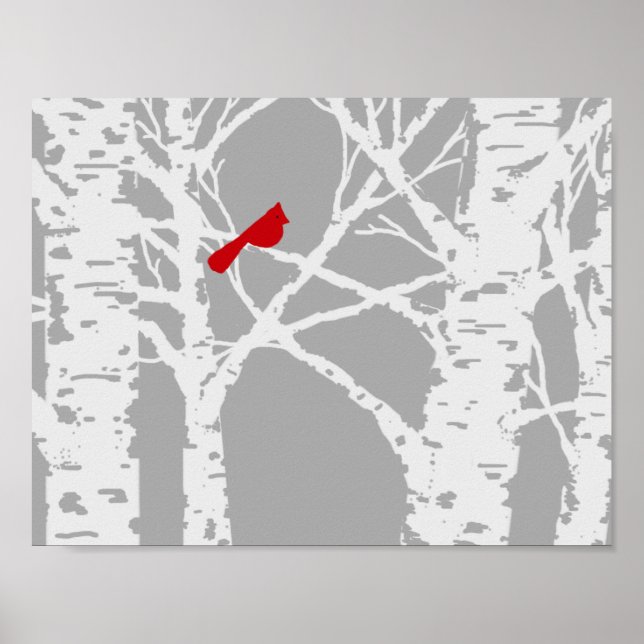 Póster Cardinal on birch tree branch. Poster. (Frente)