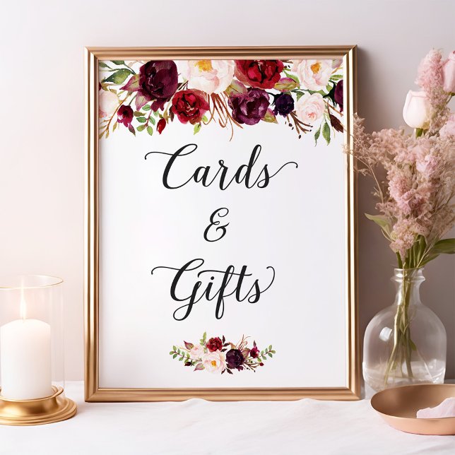 Póster Cards and Gifts | Burgundy Floral Wedding Sign (Subido por el creador)