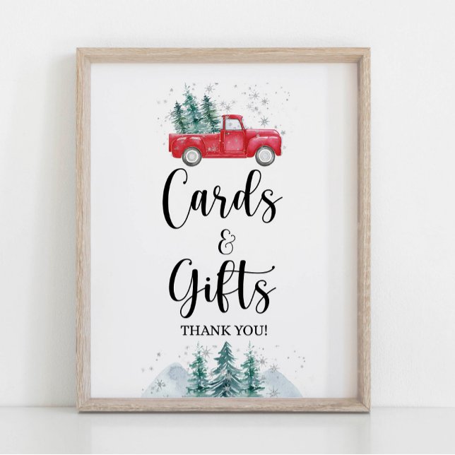 Póster Cards & Gifts Rótulo Invernal Rojo Camión de Árbol (Cards & Gifts Shower Sign, Winter Red Christmas Tree Pickup Truck Theme)