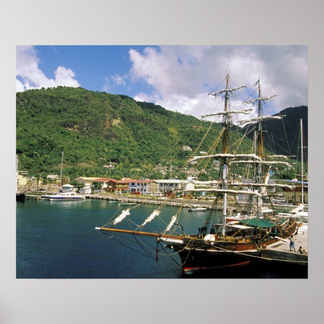 Póster Caribe, Santa Lucía, Soufriere. Entrada de barcos (Frente)