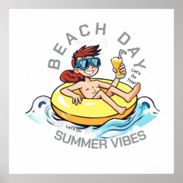Póster Caricatura de Beach Day en el anillo inflable