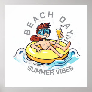 Póster Caricatura de Beach Day en el anillo inflable