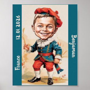 Póster Caricatura de niño con traje vintage francés