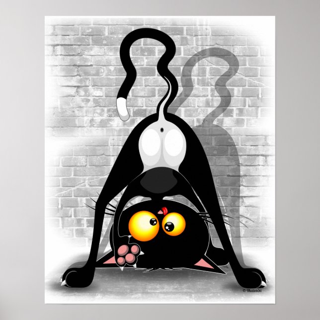 Póster Caricatura divertida del gato boca abajo (Frente)