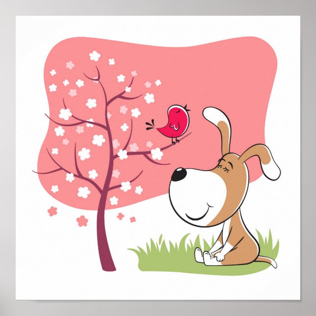Póster Caricatura Perro Cachorro Cachorro Flor de pájaro  (Frente)