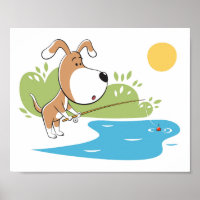 Caricatura Perro cachorro Pesca en el lago Sun