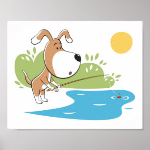 Póster Caricatura Perro cachorro Pesca en el lago Sun