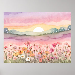 Póster Carlsbad Flor campo puesta de sol Pintar acuarela