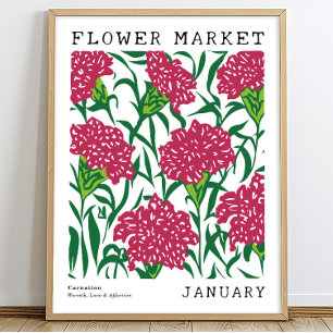 Póster Carnación floral rosa Enero Mercado de flores de n