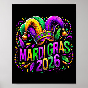 Póster Carnaval de Mardi Gras 2026 Sombrero de Bufón Nuev