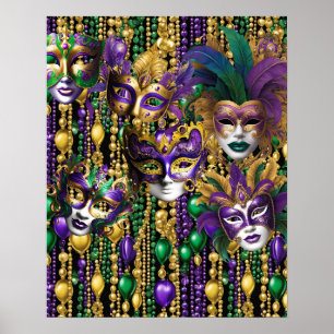 Póster Carnaval de Mardi Gras Carnaval Máscaras Verde Mor