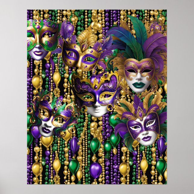 Póster Carnaval de Mardi Gras Carnaval Máscaras Verde Mor (Frente)