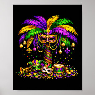 Póster carnaval de Mardi gras palmera cuentas hawaianas m