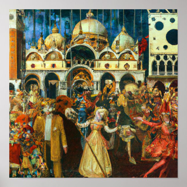 Póster carnaval de Venecia de pintura al óleo estilo rena (Frente)