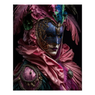 Póster Carnaval Veneciano De Traje Y Máscara Rosa.
