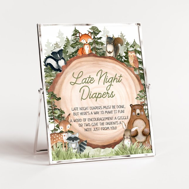 Póster Carne de madera de animales de madera de rebanada  (Boy Woodland Animals Baby Shower Late Night Diapers Sign)