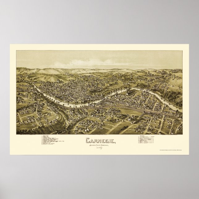 Póster Carnegie, Mapa Panorámico PA - 1897 (Frente)