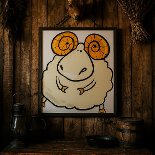 Póster Carnero de dibujos animados con cuernos rizados
