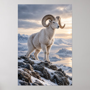 Póster Carnero Salvaje de Montaña en Cresta Alpina Nevada