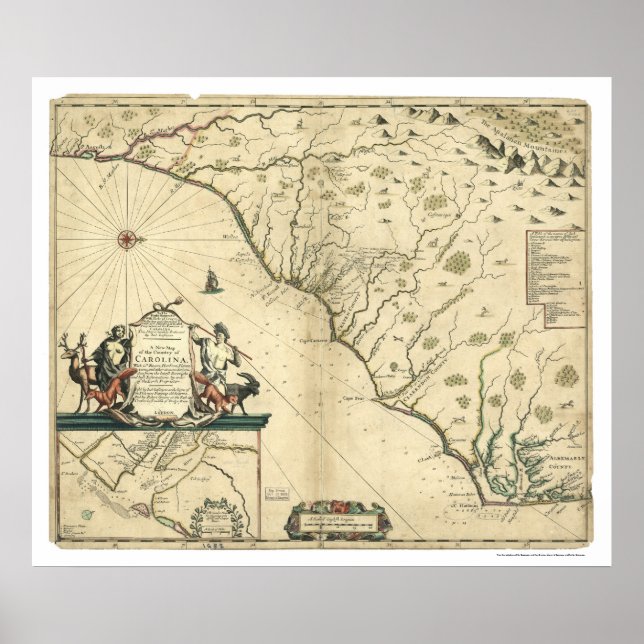 Póster Carolina Country Map 1650 (Frente)