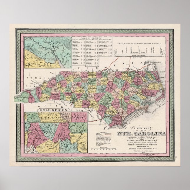 Póster Carolina del Norte, 1853, Map, Vintage (Frente)