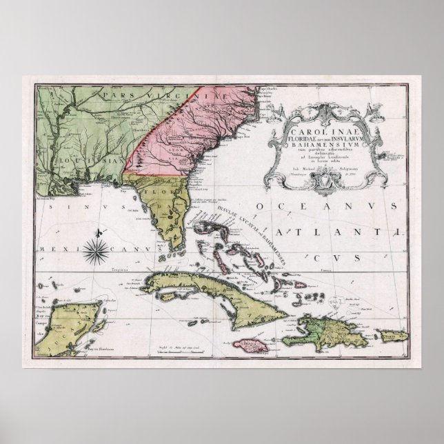Póster Carolina y Florida y las Islas Bahamas, 1755 (Frente)