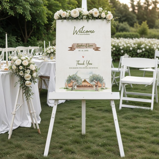 Póster Carpa Exterior Boho Rústica Bienvenida de Boda ( Boho Outdoor Tent Wedding Welcome Sign | Rustic Watercolor Camp Wedding Welcome Poster Sign)