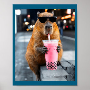 Póster Carpincho bebiendo té de boba helado meme divertid