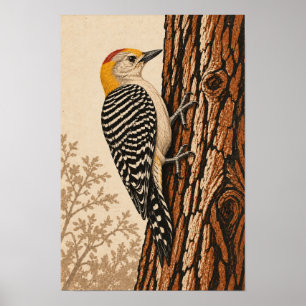 Póster Carpintero Frentidorado en Grabado en Madera de Te