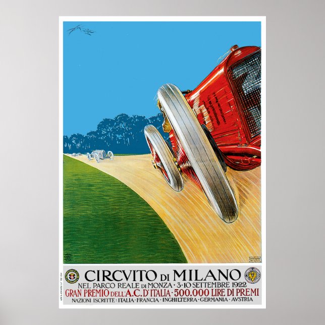 Póster Carrera de autos clásicos de Milán de 1922 (Frente)