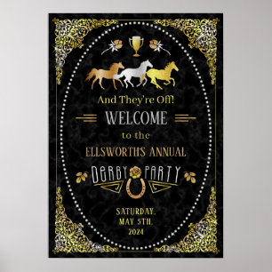Póster Carreras de caballos Derby Day Fiesta Art Deco Oro