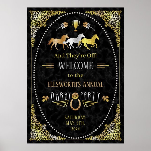 Póster Carreras de caballos Derby Day Fiesta Art Deco Oro (Frente)
