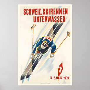Póster Carreras de Esquí St. Gallen Suiza Esquí Antiguo