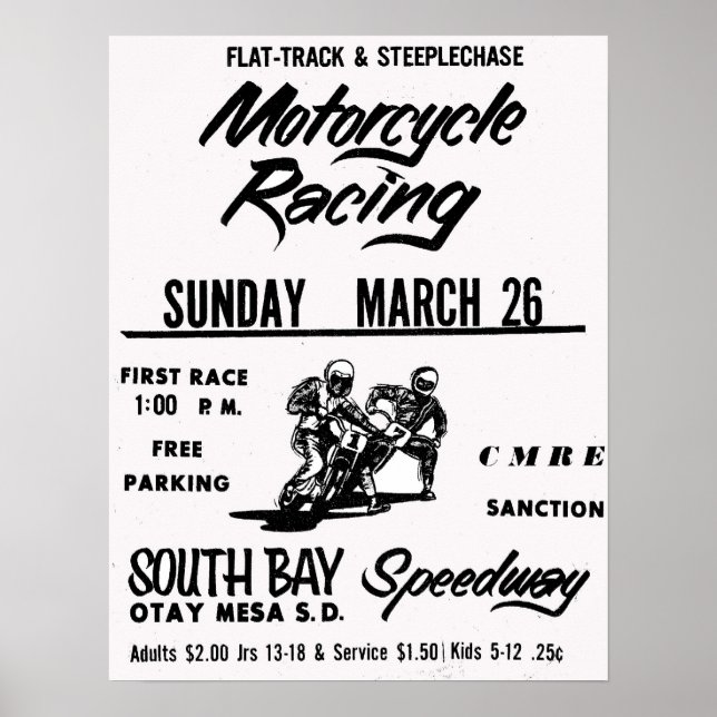 Póster Carreras en motocicleta South Bay Speedway Otay Me (Frente)