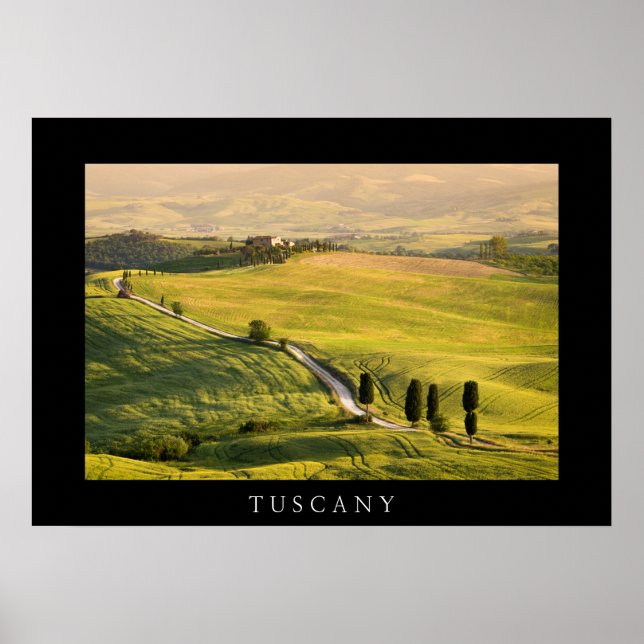 Póster Carretera blanca en el paisaje toscano poster negr (Frente)