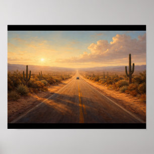 Póster Carretera del desierto con un solo coche a lo lejo